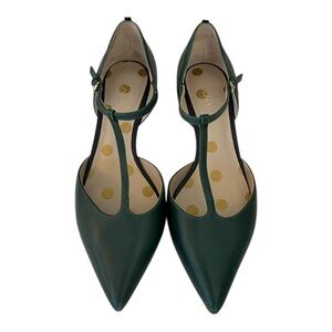 BODEN Claudia Kitten Heel Leather Court Shoes Emerald Green T Strap